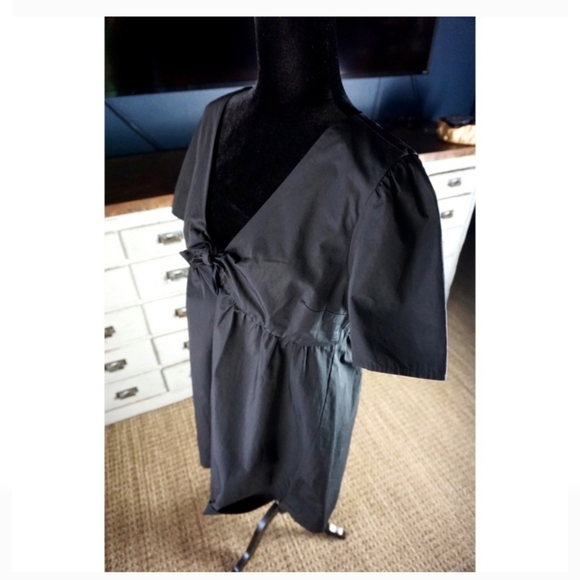 Madewell Black Tie-Front Mini Dress Size 12 NWT Cotton Empire Waist V-Neck - Picture 4 of 13